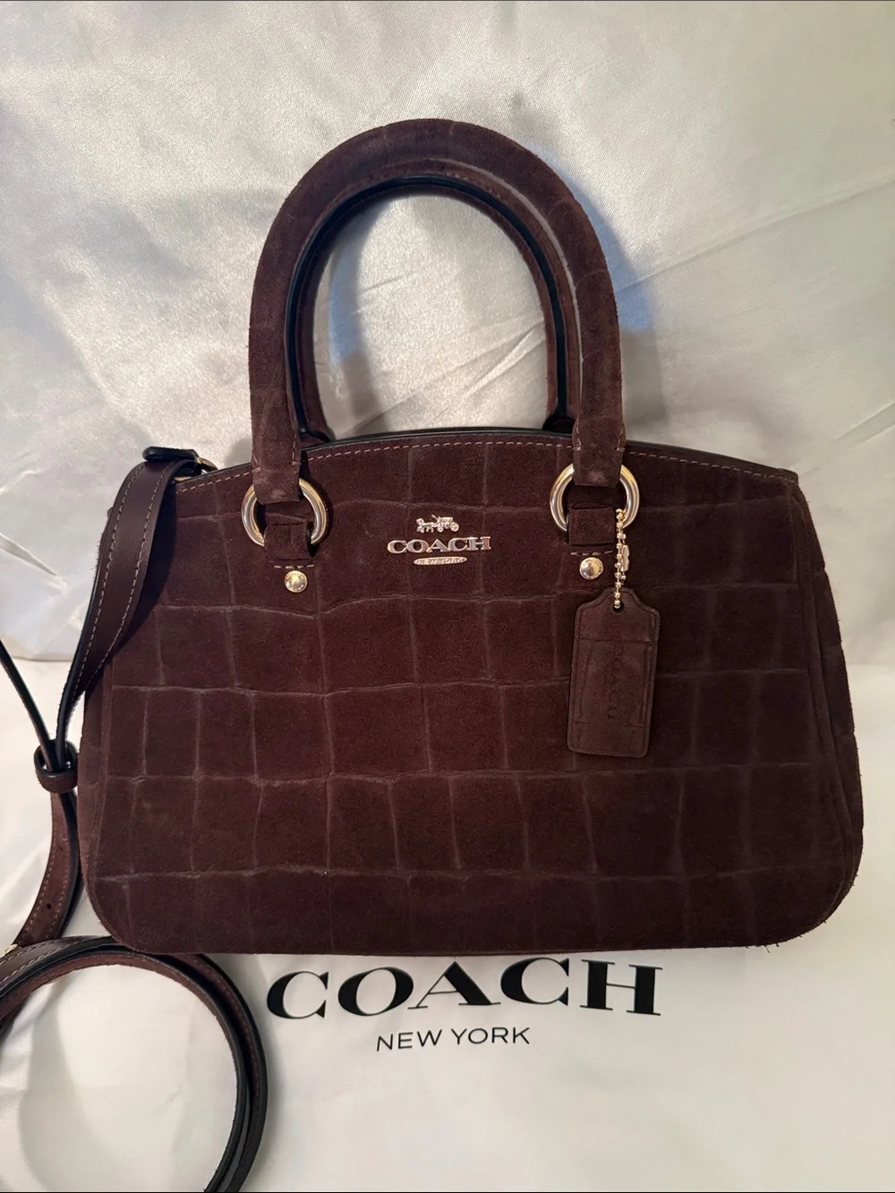 🤎Coach PreOwned Vintage Brown Maple  Savannah Small Carryall Suede Croc-Embossed